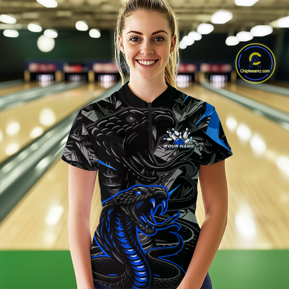 Custom Blue Cobra Snake Bowling Jersey for Women Bowling Team Shirts Polo & 1/4 Zip HNT137