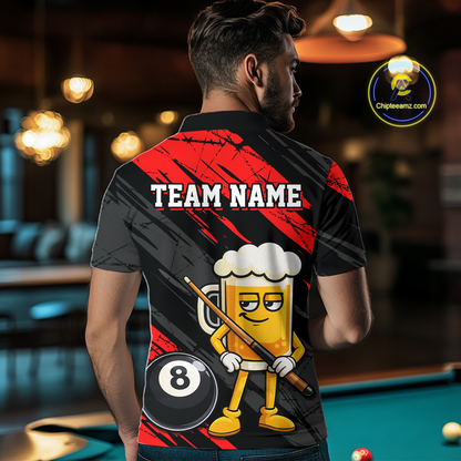 Custom Funny Red Beer 8 Ball Pool Men Billiard Polo & 1/4 Zip, Billiard Shirt, Billiard Team Jerseys NNT146