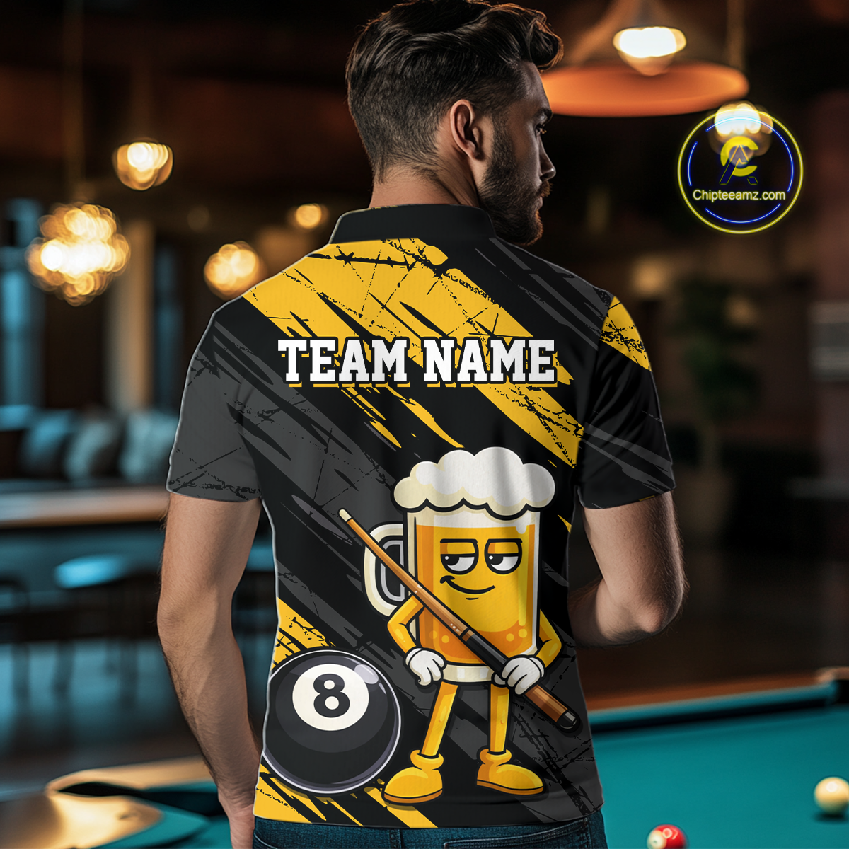 Custom Funny Yellow Beer 8 Ball Pool Men Billiard Polo & 1/4 Zip, Billiard Shirt, Billiard Team Jerseys NNT146