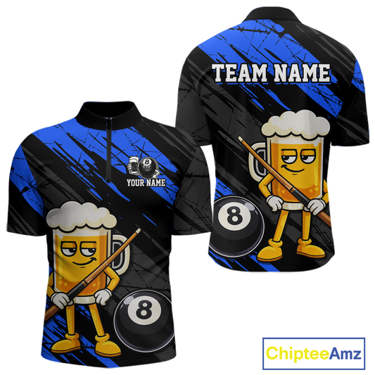Custom Funny Blue Beer 8 Ball Pool Men Billiard Polo & 1/4 Zip, Billiard Shirt, Billiard Team Jerseys NNT146