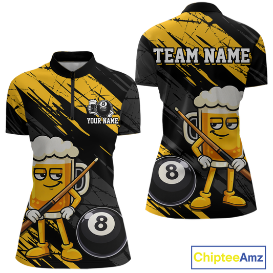 Custom Funny Yellow Beer 8 Ball Pool Women Billiard Polo & 1/4 Zip, Billiard Shirt, Billiard Team Jerseys NNT146