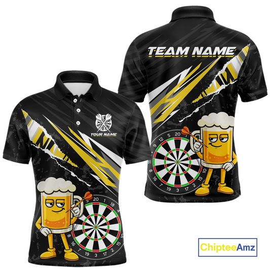 Custom Yellow Funny Beer Dart Shirts for Men Darts Team Jerseys Dart Tournament Polo & 1/4 Zip NNT139