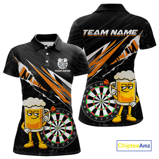 Custom Orange Funny Beer Dart Shirts for Women Darts Team Jerseys Dart Tournament Polo & 1/4 Zip NNT139