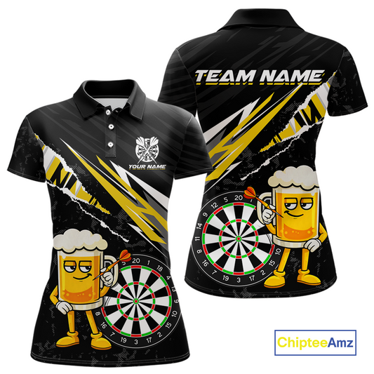Custom Yellow Funny Beer Dart Shirts for Women Darts Team Jerseys Dart Tournament Polo & 1/4 Zip NNT139