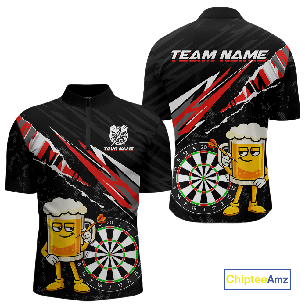 Custom Red Funny Beer Dart Shirts for Men Darts Team Jerseys Dart Tournament Polo & 1/4 Zip NNT139