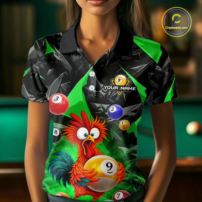 Custom Funny Green Chicken 9 Ball Pool Billiard Shirt for Women Polo & 1/4 Zip, Billiard Team Jerseys NNT157