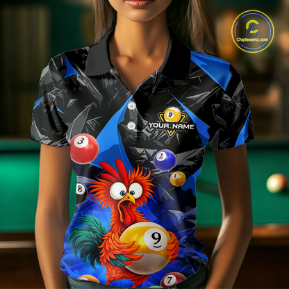 Custom Funny Blue Chicken 9 Ball Pool Billiard Shirt for Women Polo & 1/4 Zip, Billiard Team Jerseys NNT157
