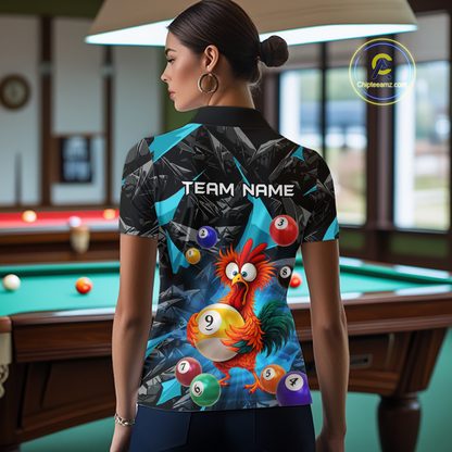Custom Funny Turquoise Chicken 9 Ball Pool Billiard Shirt for Women Polo & 1/4 Zip, Billiard Team Jerseys NNT157