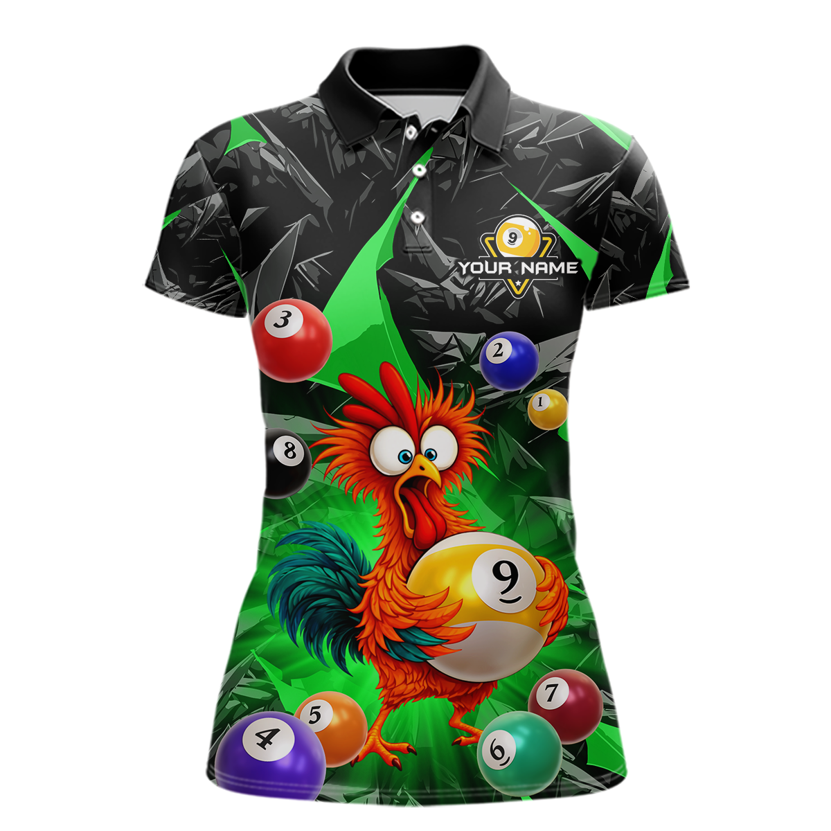 Custom Funny Green Chicken 9 Ball Pool Billiard Shirt for Women Polo & 1/4 Zip, Billiard Team Jerseys NNT157