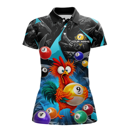 Custom Funny Turquoise Chicken 9 Ball Pool Billiard Shirt for Women Polo & 1/4 Zip, Billiard Team Jerseys NNT157