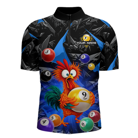 Custom Funny Blue Chicken 9 Ball Pool Billiard Shirt for Men Polo & 1/4 Zip, Billiard Team Jerseys NNT157