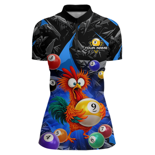 Custom Funny Blue Chicken 9 Ball Pool Billiard Shirt for Women Polo & 1/4 Zip, Billiard Team Jerseys NNT157