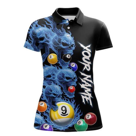 Custom Blue Flame Skull 9 Ball Pool Billiard Shirt for Women Polo & 1/4 Zip, Billiard Team Jerseys NNT1159