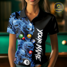 Load image into Gallery viewer, Custom Blue Flame Skull 8 Ball Pool Billiard Shirt for Women Polo &amp; 1/4 Zip, Billiard Team Jerseys NNT160