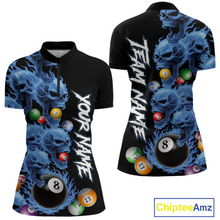 Load image into Gallery viewer, Custom Blue Flame Skull 8 Ball Pool Billiard Shirt for Women Polo &amp; 1/4 Zip, Billiard Team Jerseys NNT160