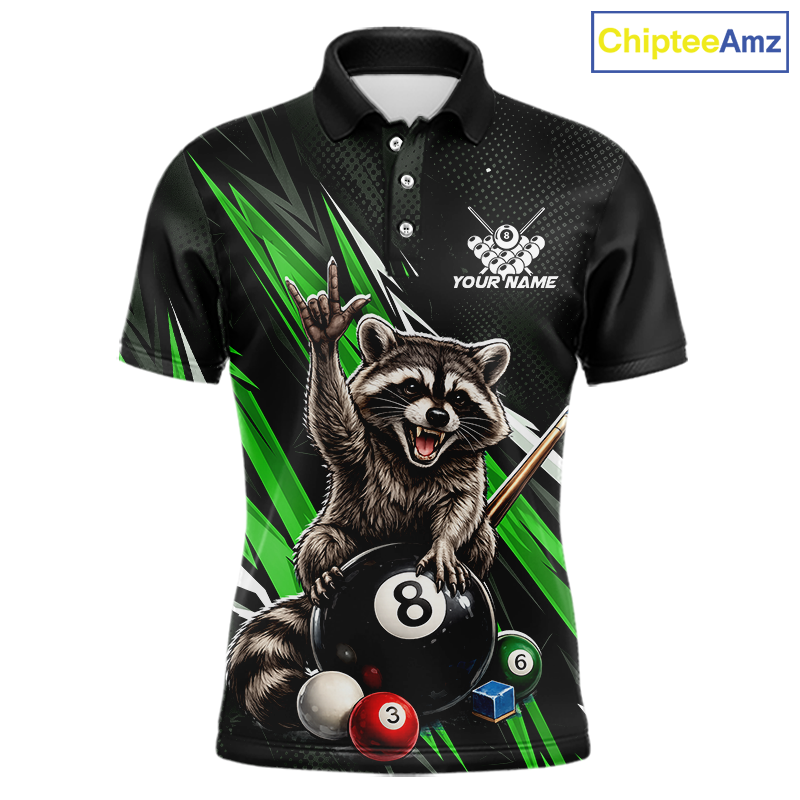Custom Green Funny Raccoon 8 Ball Billiard Shirt for Men Billiard Team Jersey Billiard League NNT191