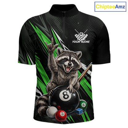 Custom Green Funny Raccoon 8 Ball Billiard Shirt for Men Billiard Team Jersey Billiard League NNT191