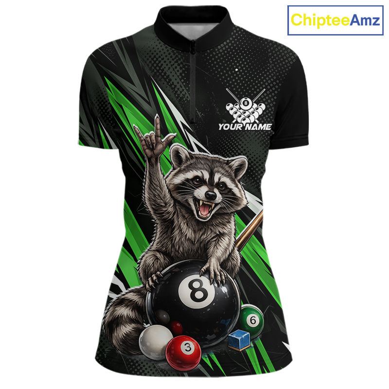 Custom Green Funny Raccoon 8 Ball Billiard Shirt for Women Billiard Team Jersey Billiard League NNT191