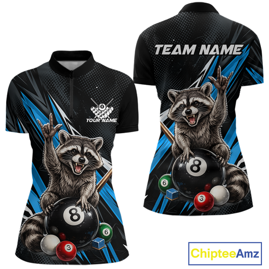 Custom Blue Funny Raccoon 8 Ball Billiard Shirt for Women Billiard Team Jersey Billiard League NNT191