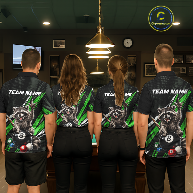 Custom Green Funny Raccoon 8 Ball Billiard Shirt for Men Billiard Team Jersey Billiard League NNT191