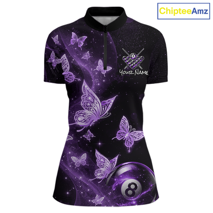 Custom Purple Butterfly Galaxy 8 Ball Billiard Shirt for Women Billiard Team Jersey Billiard League NNT192