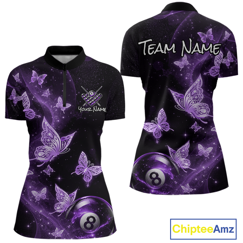 Custom Purple Butterfly Galaxy 8 Ball Billiard Shirt for Women Billiard Team Jersey Billiard League NNT192