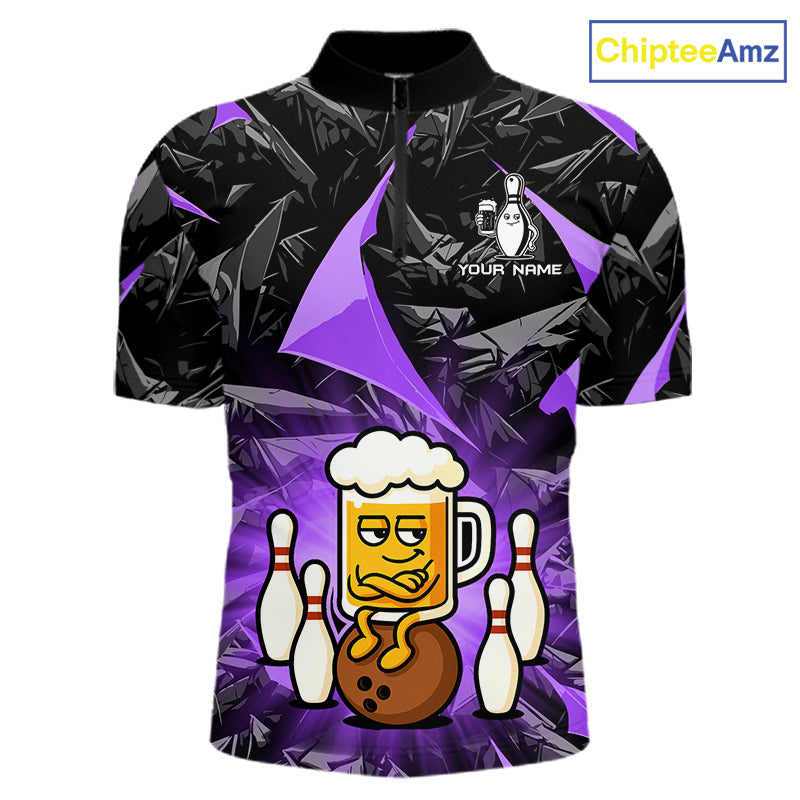 Custom Purple Funny Beer Bowling Jersey for Men Bowling Team Shirts Polo & 1/4 Zip HNT503