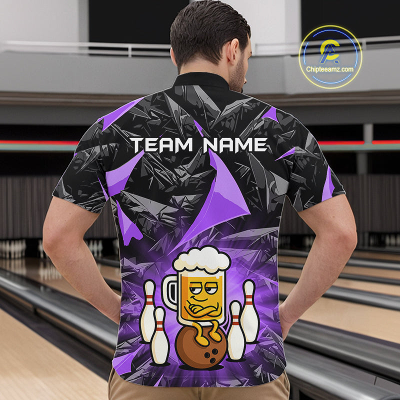 Custom Purple Funny Beer Bowling Jersey for Men Bowling Team Shirts Polo & 1/4 Zip HNT503
