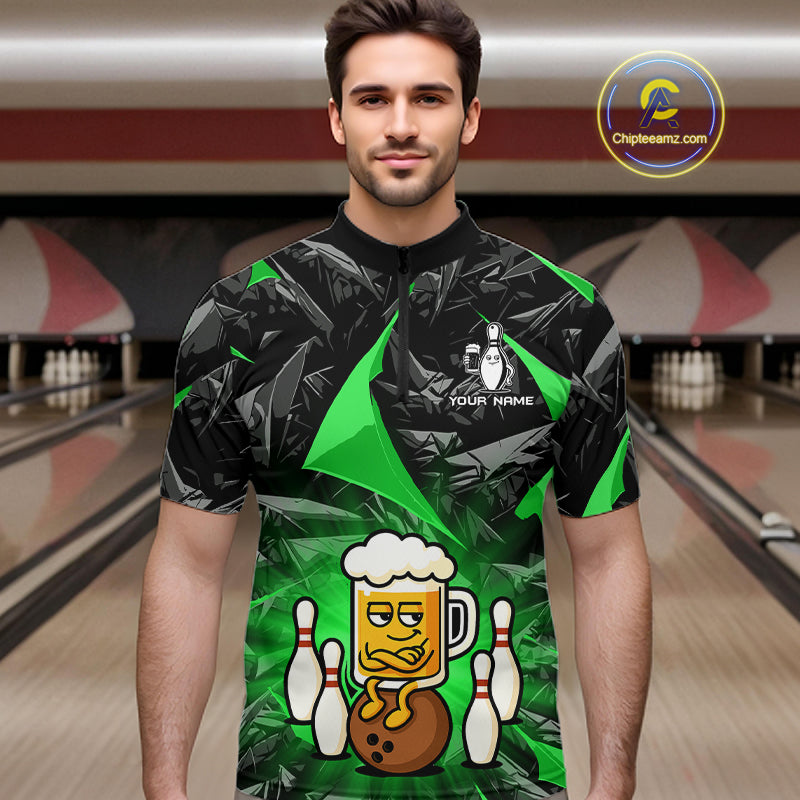 Custom Green Funny Beer Bowling Jersey for Men Bowling Team Shirts Polo & 1/4 Zip HNT503