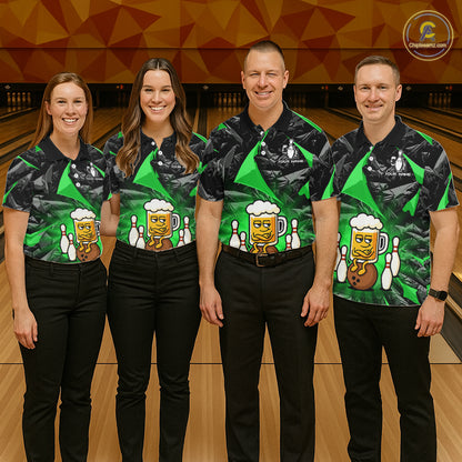 Custom Green Funny Beer Bowling Jersey for Men Bowling Team Shirts Polo & 1/4 Zip HNT503