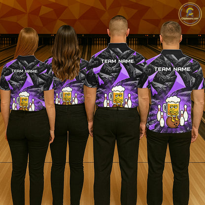 Custom Purple Funny Beer Bowling Jersey for Men Bowling Team Shirts Polo & 1/4 Zip HNT503