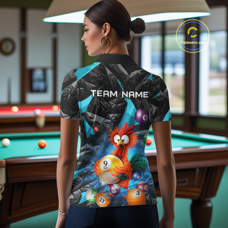 Custom Turquoise Funny Chicken 8 Ball & 9 Ball Billiard Shirt for Women Billiard Team Jerseys NNT190