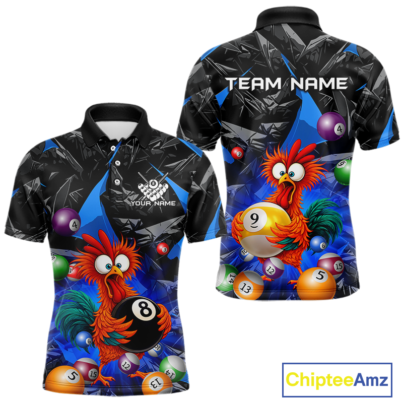 Custom Blue Funny Chicken 8 Ball & 9 Ball Billiard Shirt for Men Billiard Team Jerseys NNT190