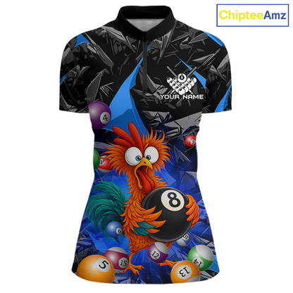 Custom Blue Funny Chicken 8 Ball & 9 Ball Billiard Shirt for Women Billiard Team Jerseys NNT190