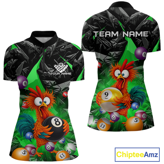 Custom Green Funny Chicken 8 Ball & 9 Ball Billiard Shirt for Women Billiard Team Jerseys NNT190