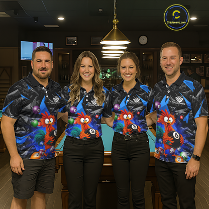 Custom Blue Funny Chicken 8 Ball & 9 Ball Billiard Shirt for Men Billiard Team Jerseys NNT190