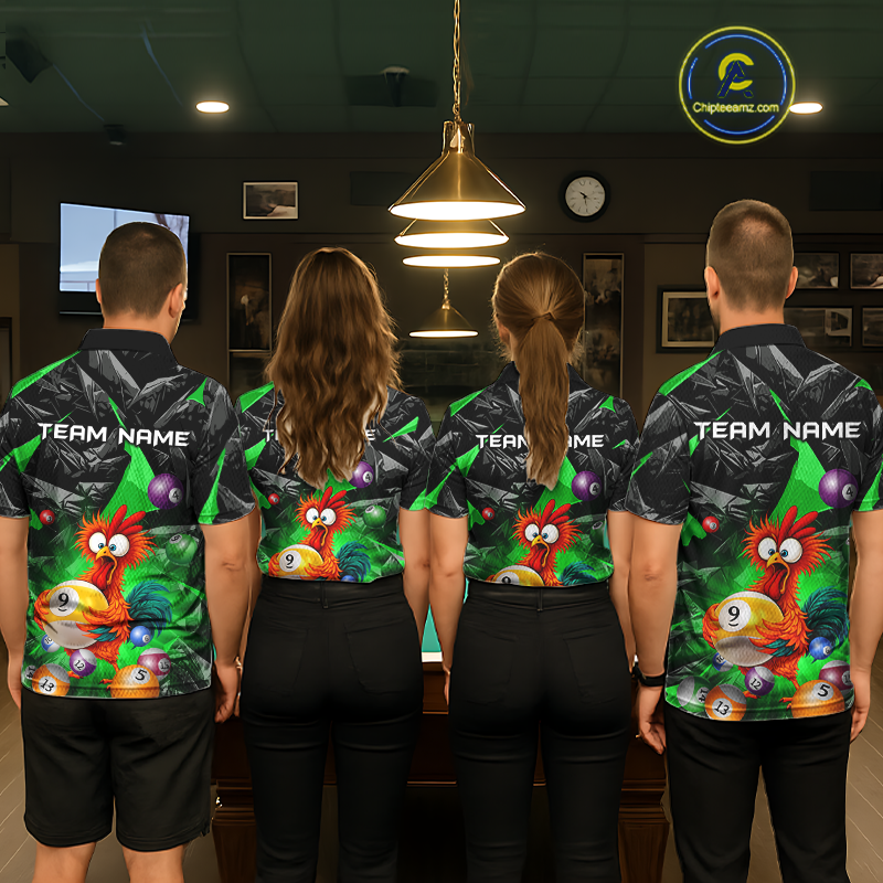 Custom Green Funny Chicken 8 Ball & 9 Ball Billiard Shirt for Men Billiard Team Jerseys NNT190