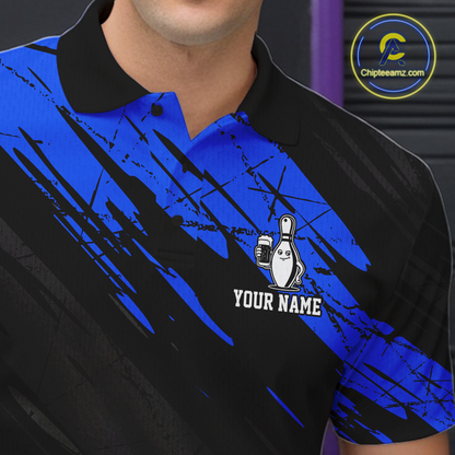 Custom Blue Funny Bowling Tournament Jersey for Men Bowling Team Shirts Polo & 1/4 Zip HNT178
