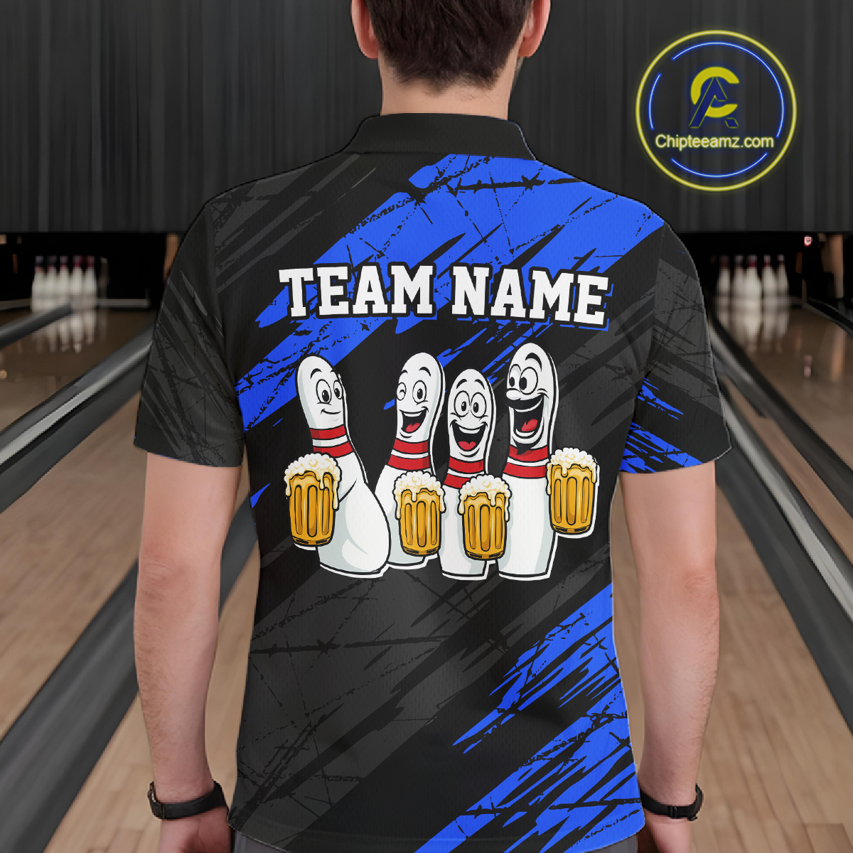 Custom Blue Funny Bowling Tournament Jersey for Men Bowling Team Shirts Polo & 1/4 Zip HNT178