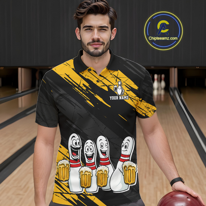 Custom Yellow Funny Bowling Tournament Jersey for Men Bowling Team Shirts Polo & 1/4 Zip HNT178