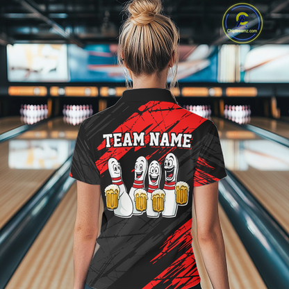 Custom Red Funny Bowling Tournament Jersey for Women Bowling Team Shirts Polo & 1/4 Zip HNT178