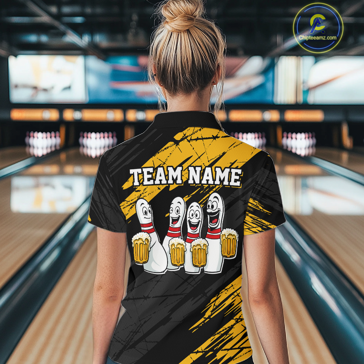 Custom Yellow Funny Bowling Tournament Jersey for Women Bowling Team Shirts Polo & 1/4 Zip HNT178