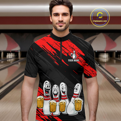 Custom Red Funny Bowling Tournament Jersey for Men Bowling Team Shirts Polo & 1/4 Zip HNT178