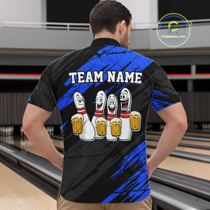 Custom Blue Funny Bowling Tournament Jersey for Men Bowling Team Shirts Polo & 1/4 Zip HNT178