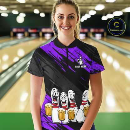 Custom Purple Funny Bowling Tournament Jersey for Women Bowling Team Shirts Polo & 1/4 Zip HNT178