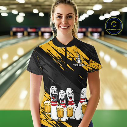 Custom Yellow Funny Bowling Tournament Jersey for Women Bowling Team Shirts Polo & 1/4 Zip HNT178