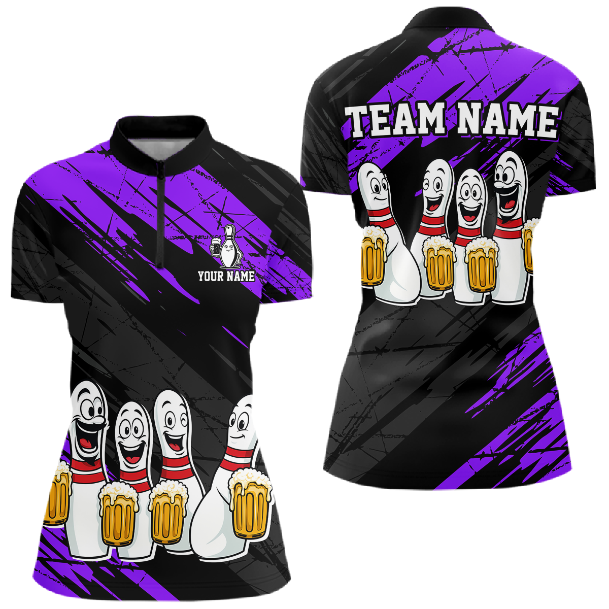 Custom Purple Funny Bowling Tournament Jersey for Women Bowling Team Shirts Polo & 1/4 Zip HNT178