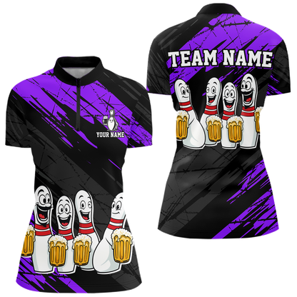 Custom Purple Funny Bowling Tournament Jersey for Women Bowling Team Shirts Polo & 1/4 Zip HNT178