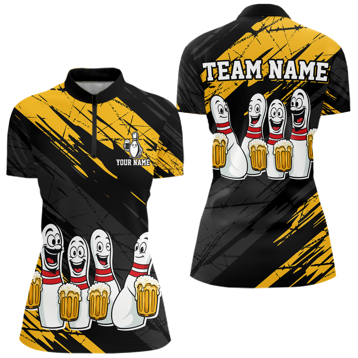 Custom Yellow Funny Bowling Tournament Jersey for Women Bowling Team Shirts Polo & 1/4 Zip HNT178