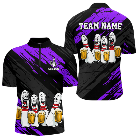Custom Purple Funny Bowling Tournament Jersey for Men Bowling Team Shirts Polo & 1/4 Zip HNT178